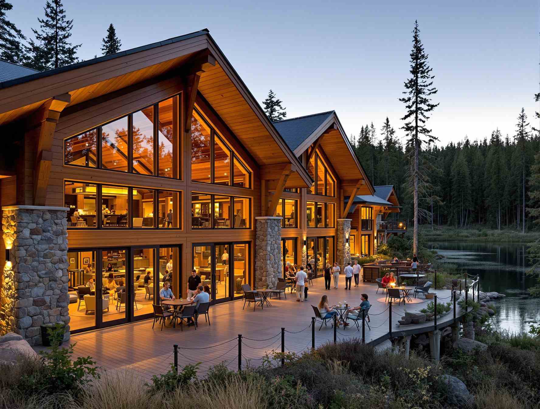Arrowhead Gun Club modern timber clubhouse with lake and forest views
